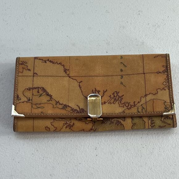 Alviero Martini Leather Wallet 7.5" Geo Classic Map Gold Clip Closure - Picture 1 of 7